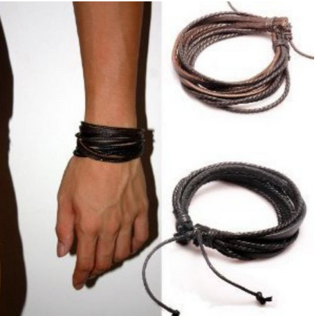 Men,Women's 3PCS Genuine Leather Bangle Bracelet Cord Brown White Black Braided Tribal (with Gift Bag)